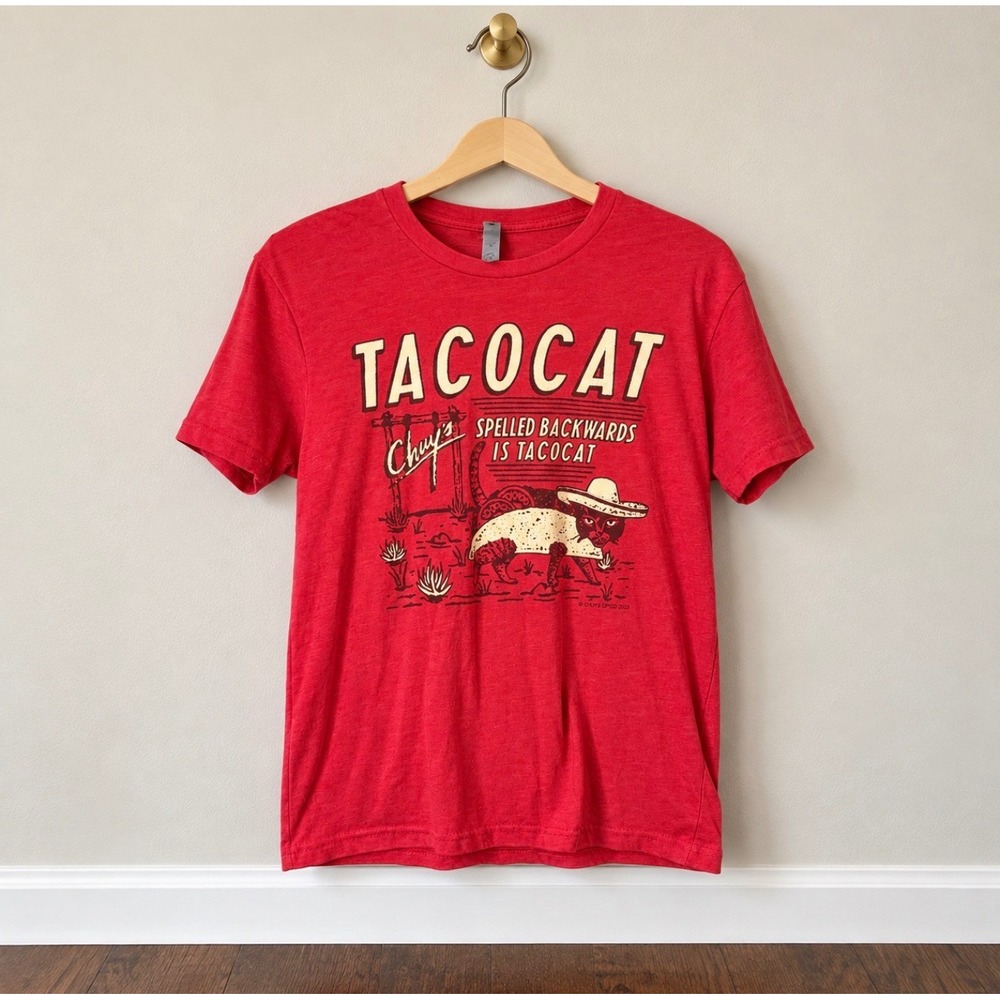 Chuys Tacocat Spelled Backwards Graphic T-Shirt Red Heather Small Next Level